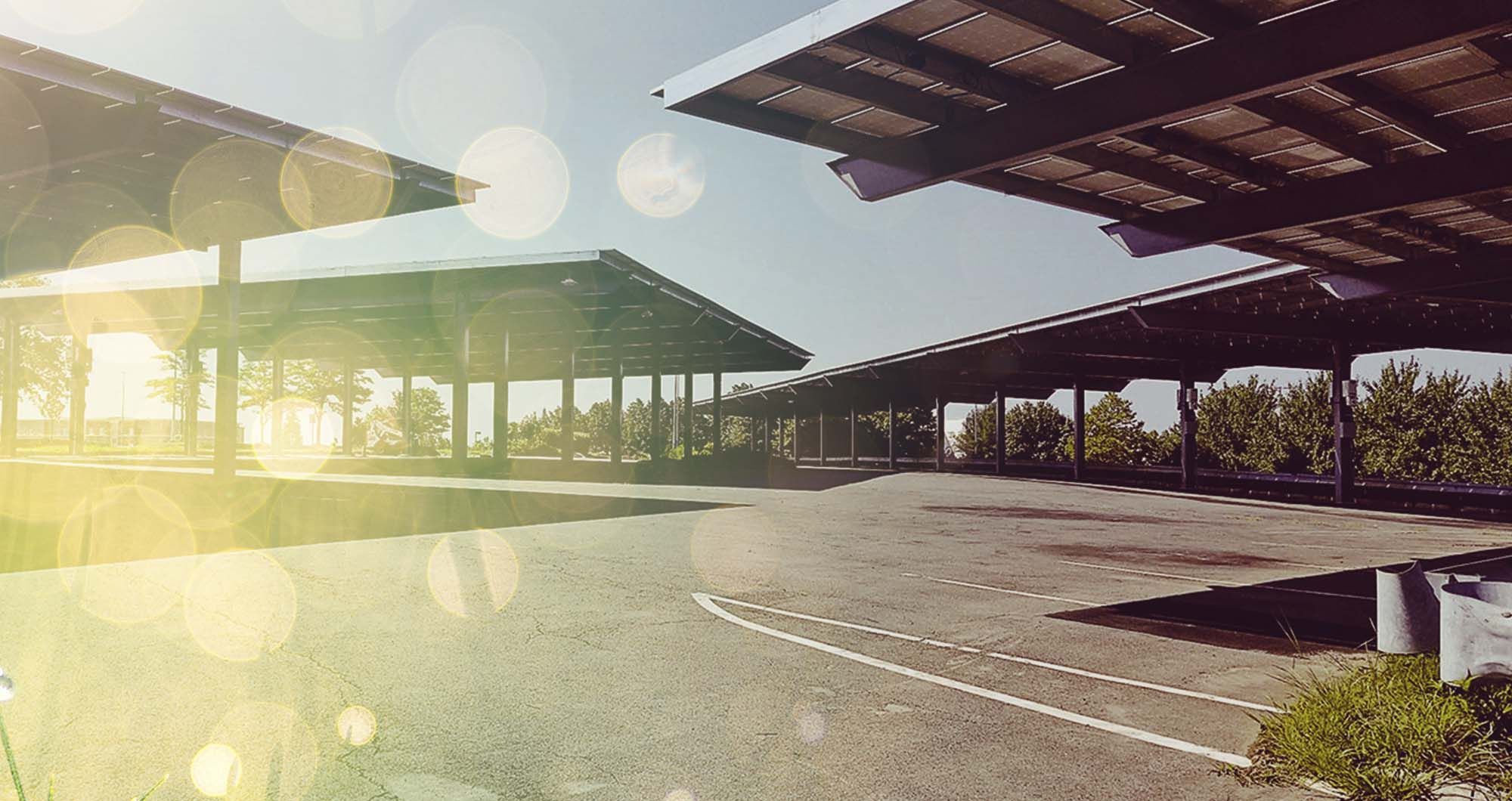 Solar carport canopies over an empty parking lot, with sunlight flaring through trees in the background